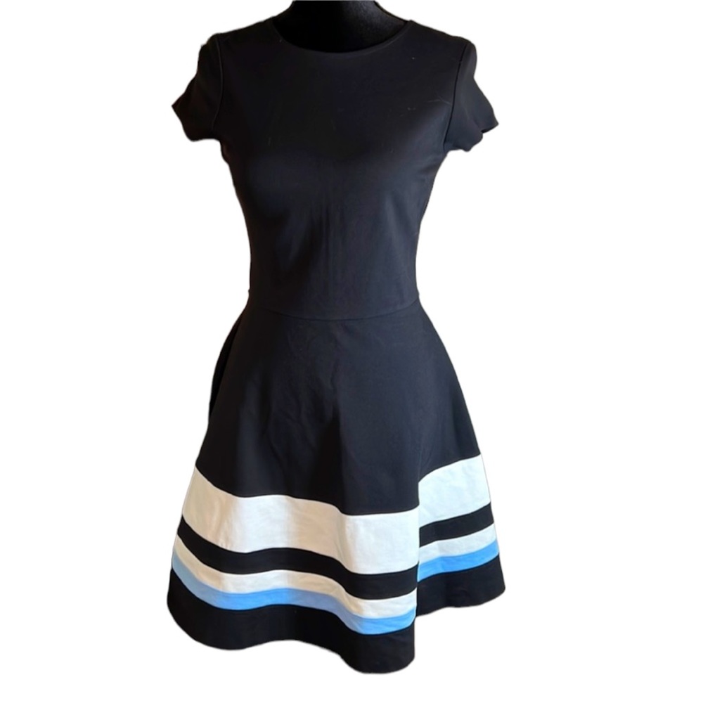 love...ady Black Fit-and-Flare Dress with White and Blue Stripes